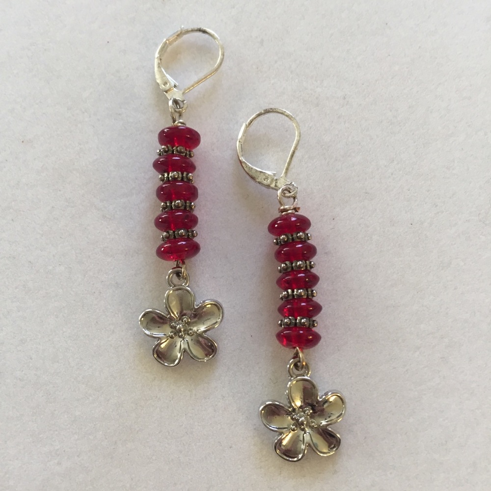 HAND CRAFTED Earrings Red Glass Silver Plated Flowers